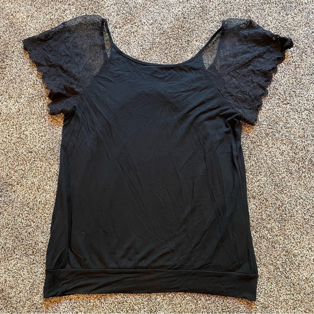Rue 21 Sheer Black Lace Short Sleeve Banded Top Medium - Picture 5 of 5